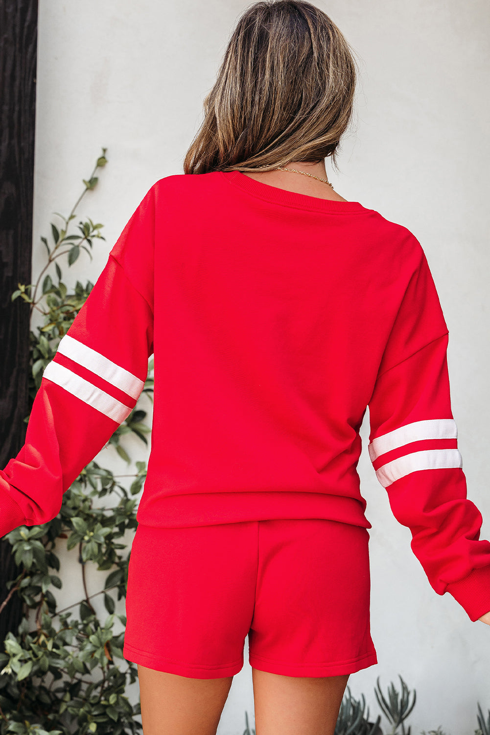 Fiery Red Varsity Striped Sleeve Drop Shoulder Sweatshirt and Short Set