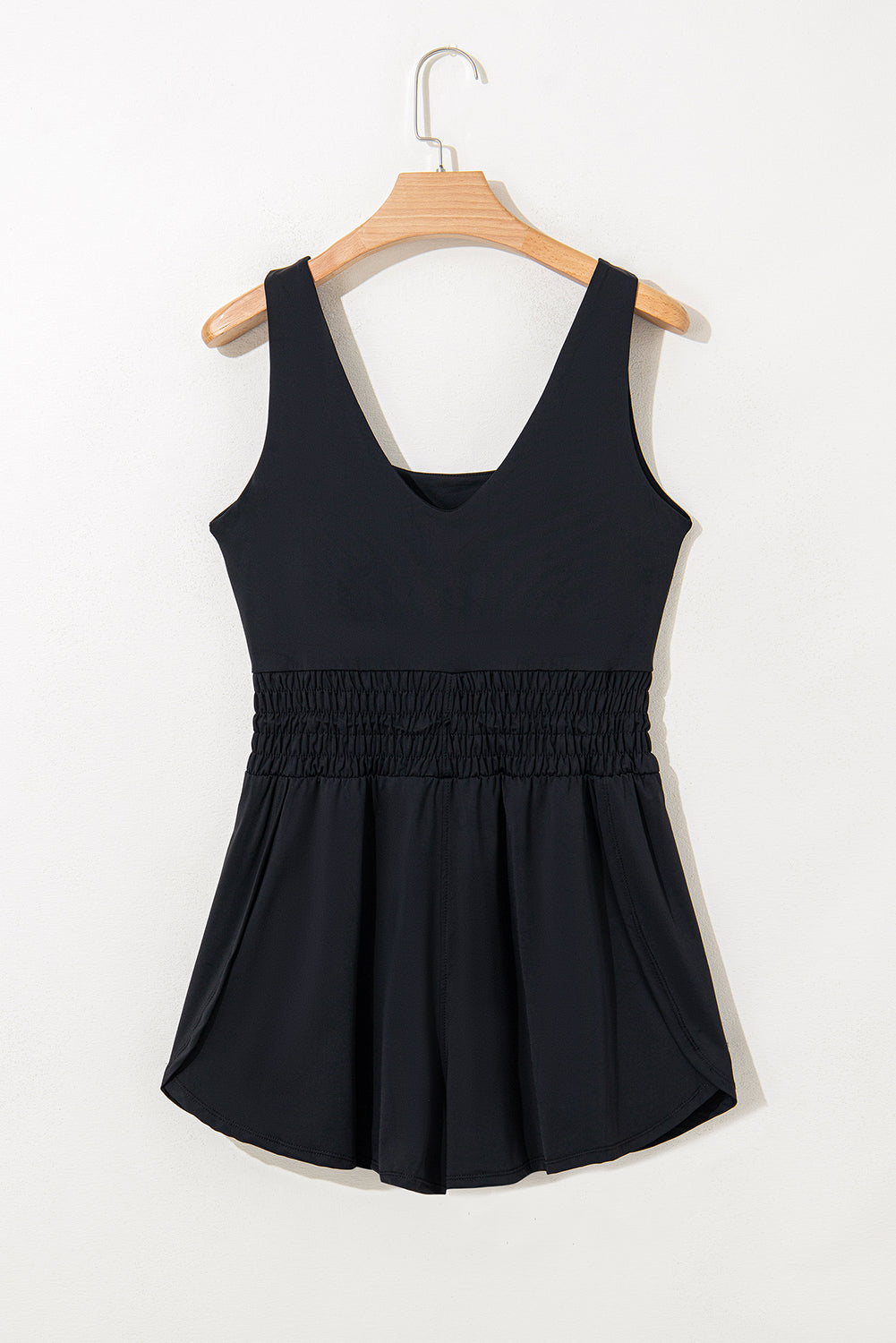 Black Plain Sleeveless Loop Drawstring Cinched Waist Romper