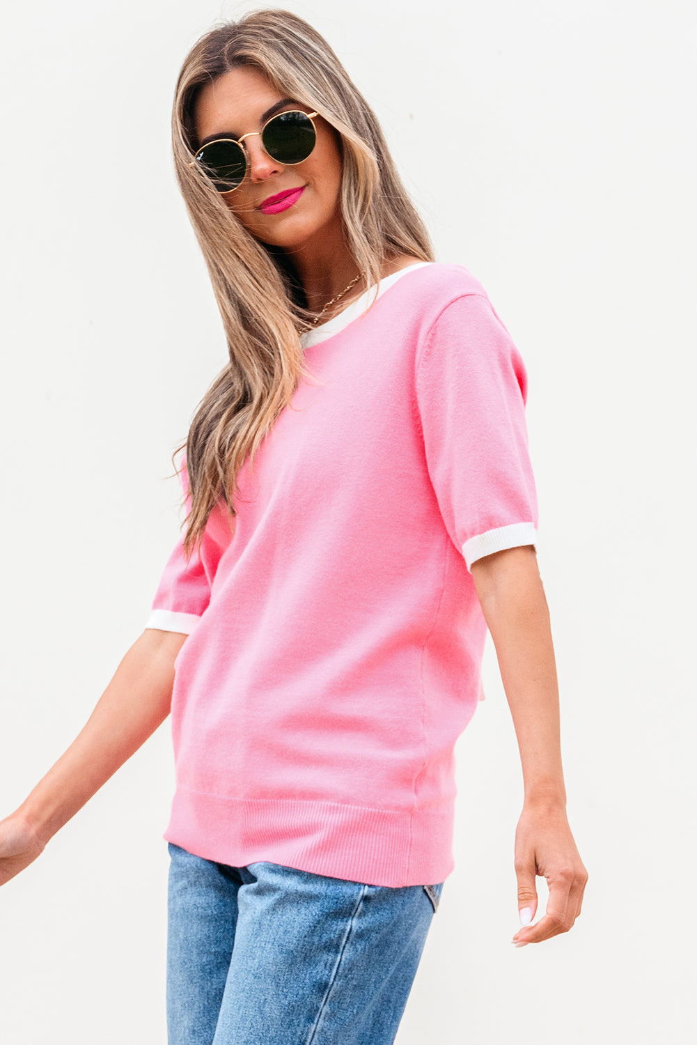 Bonbon Colorblock Bow V-Shape Cut Back Short Sleeve Sweater