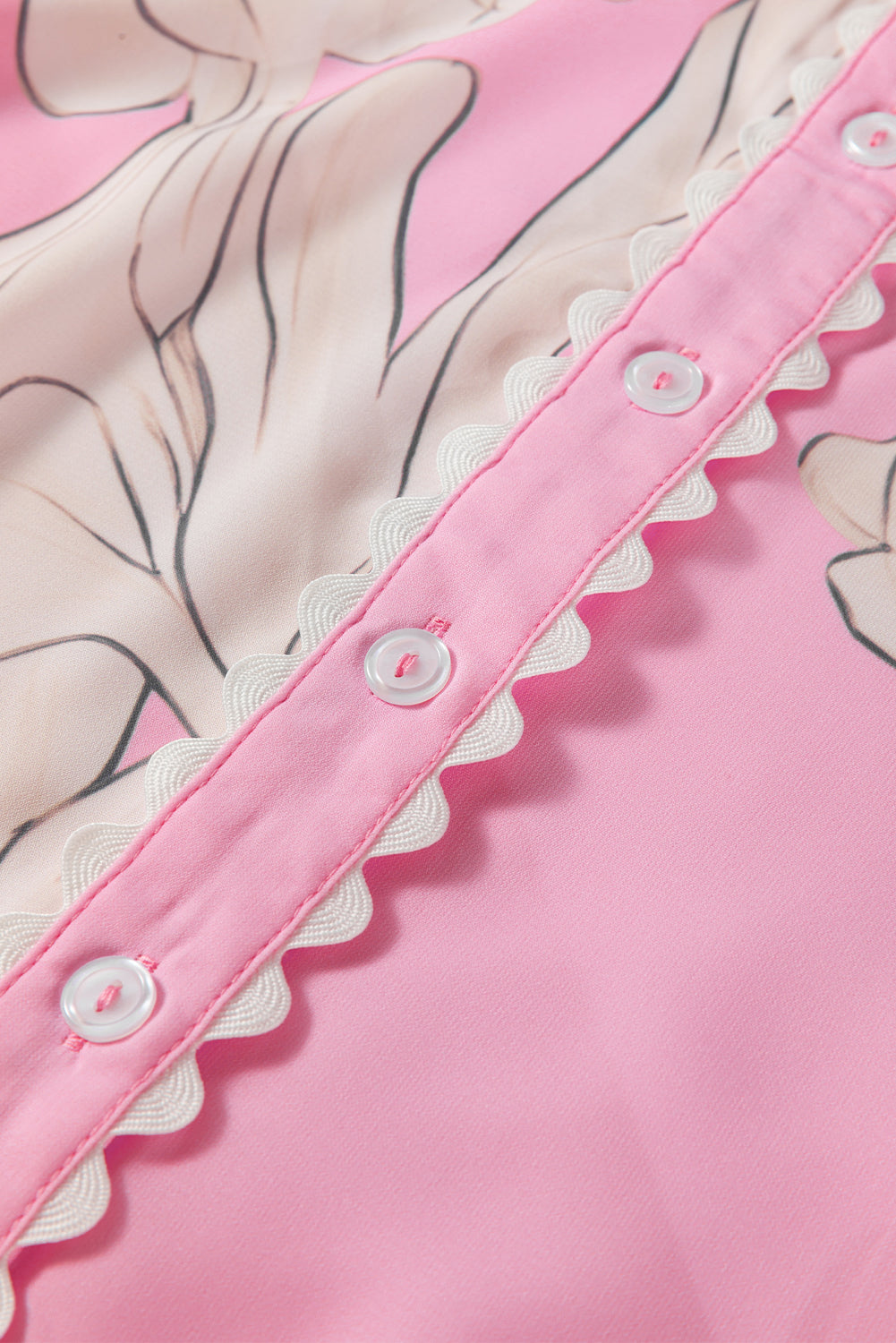 Rose Floral Ric Rac Edge Puff Sleeve Button Up Summer Shirt