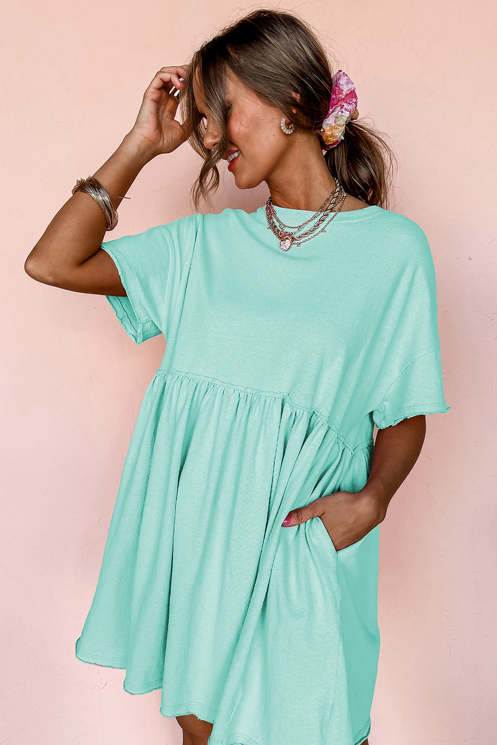 Moonlight Jade Solid Color Pocketed Raw Edge Babydoll Dress