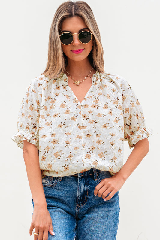 White Floral Eyelet Embroidered Puff Sleeve Notch V Neck Blouse