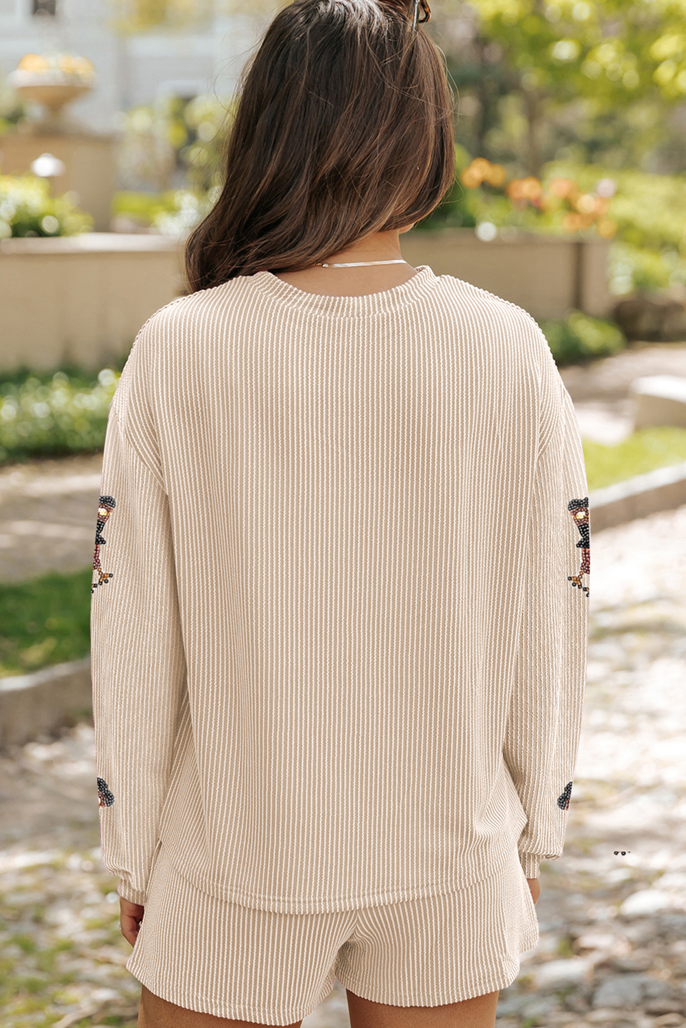 Parchment Thanksgiving Sequined Turkey Corded Knit Loose Fit Shorts Set