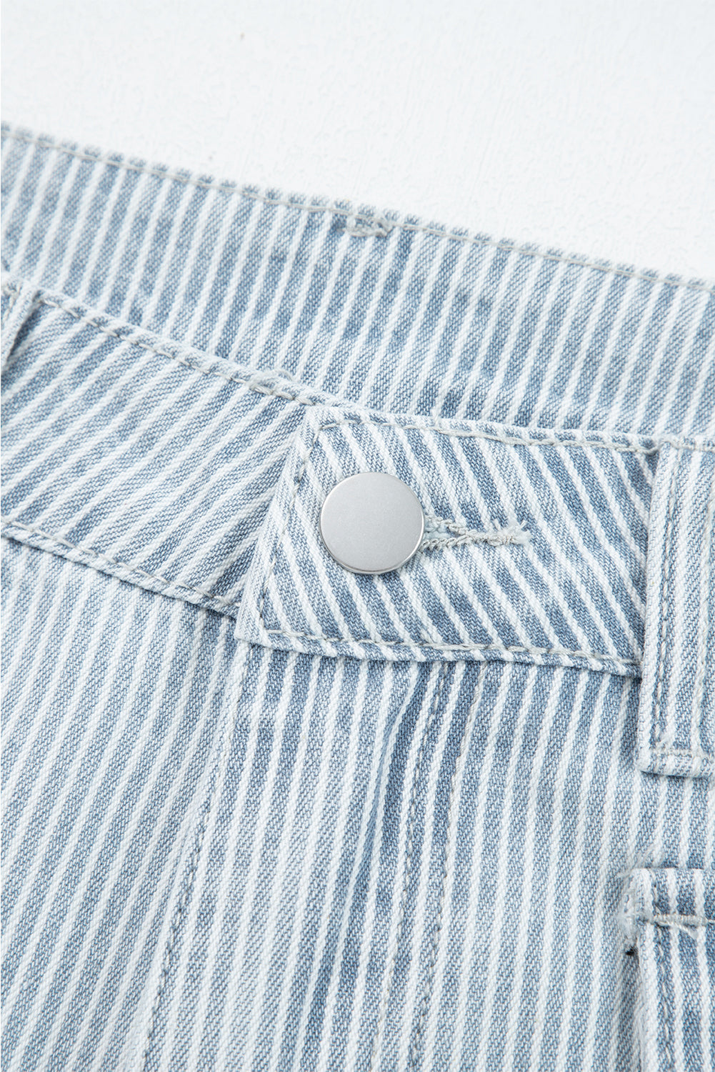 Sky Blue Stripe Button Flap Pocket Cuffed Hem Wide Leg Jeans