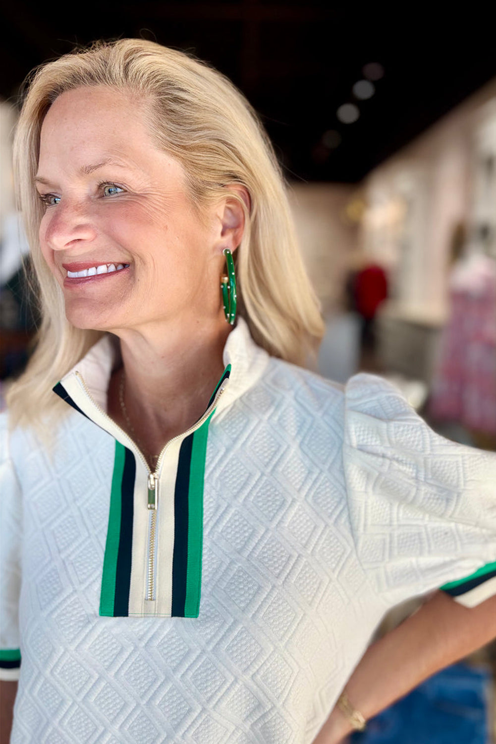 White Textured Jacquard Colorblock Edge Puff Sleeve Quarter Zip Mini Dress