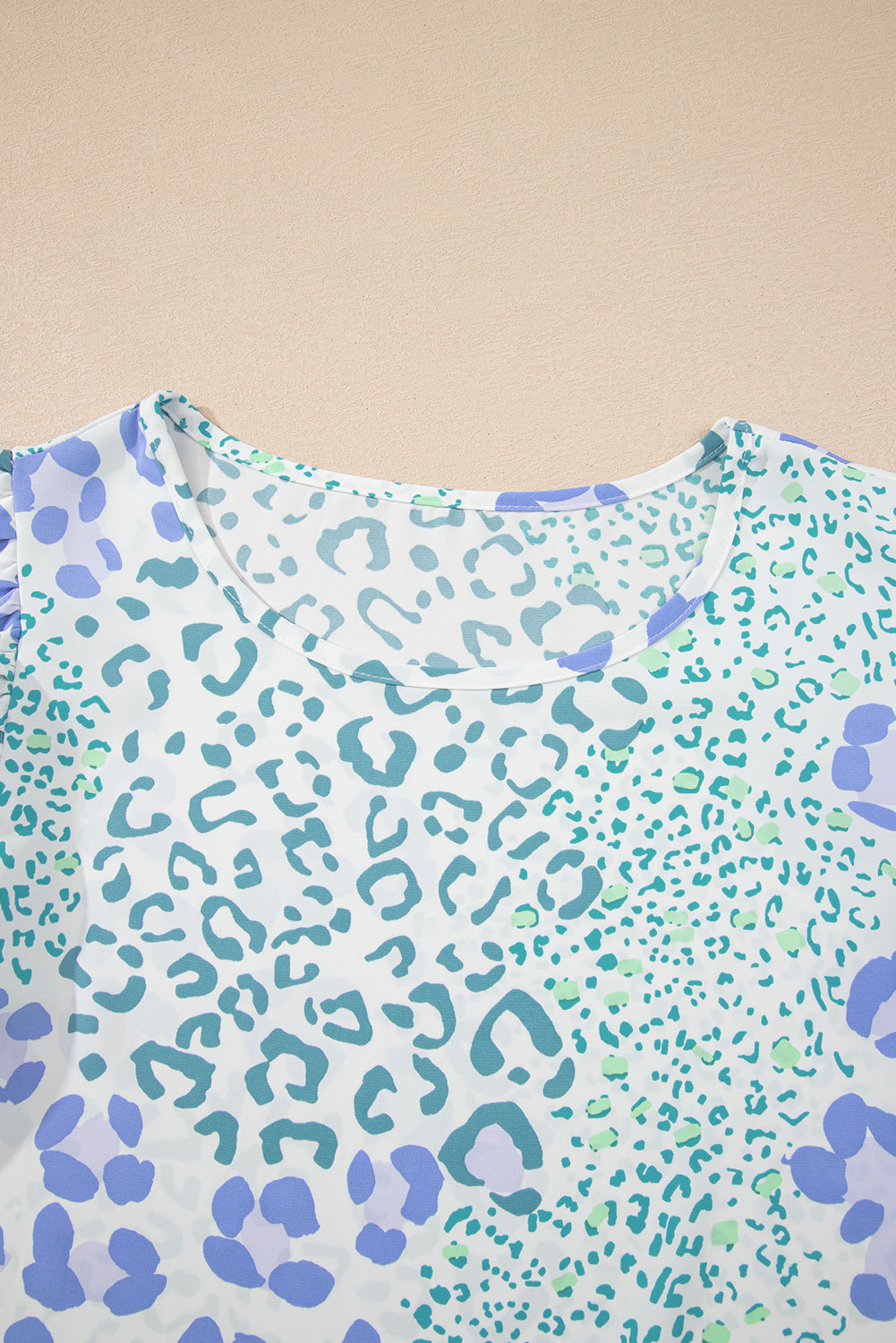 Sky Blue Leopard Layered Ruffle Short Sleeve Casual Blouse
