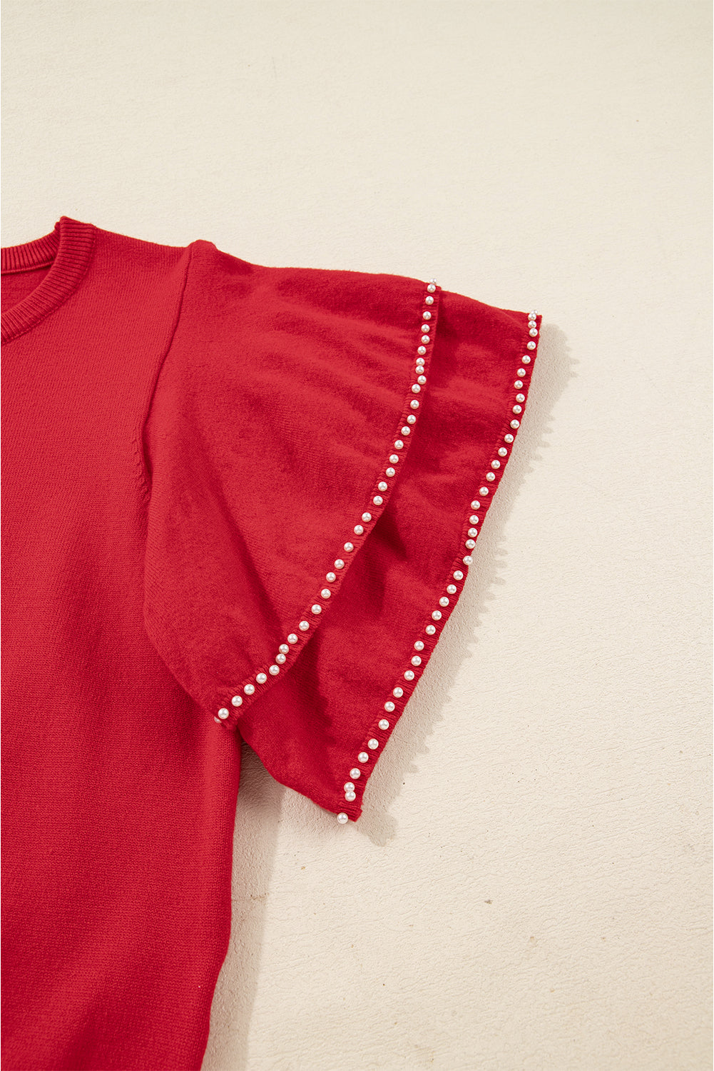 Racing Red Pearl Embellished Double Ruffle Short Sleeve Sweater