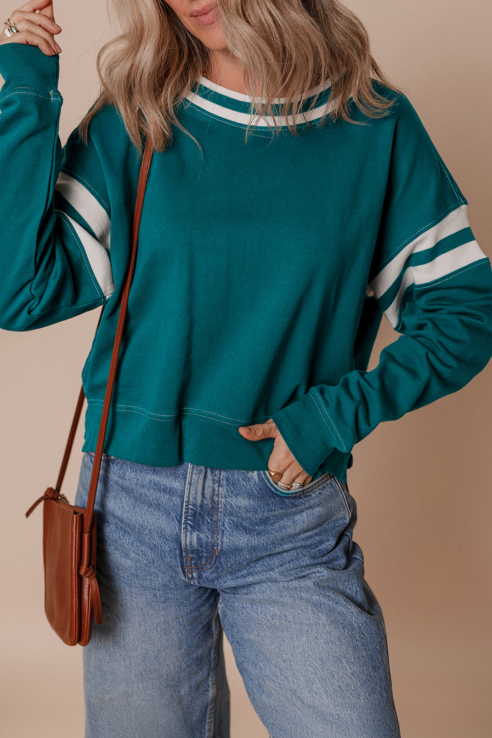 Blackish Green Contrast Striped Patchwork Round Neck Drop Shoulder Sweatshirt