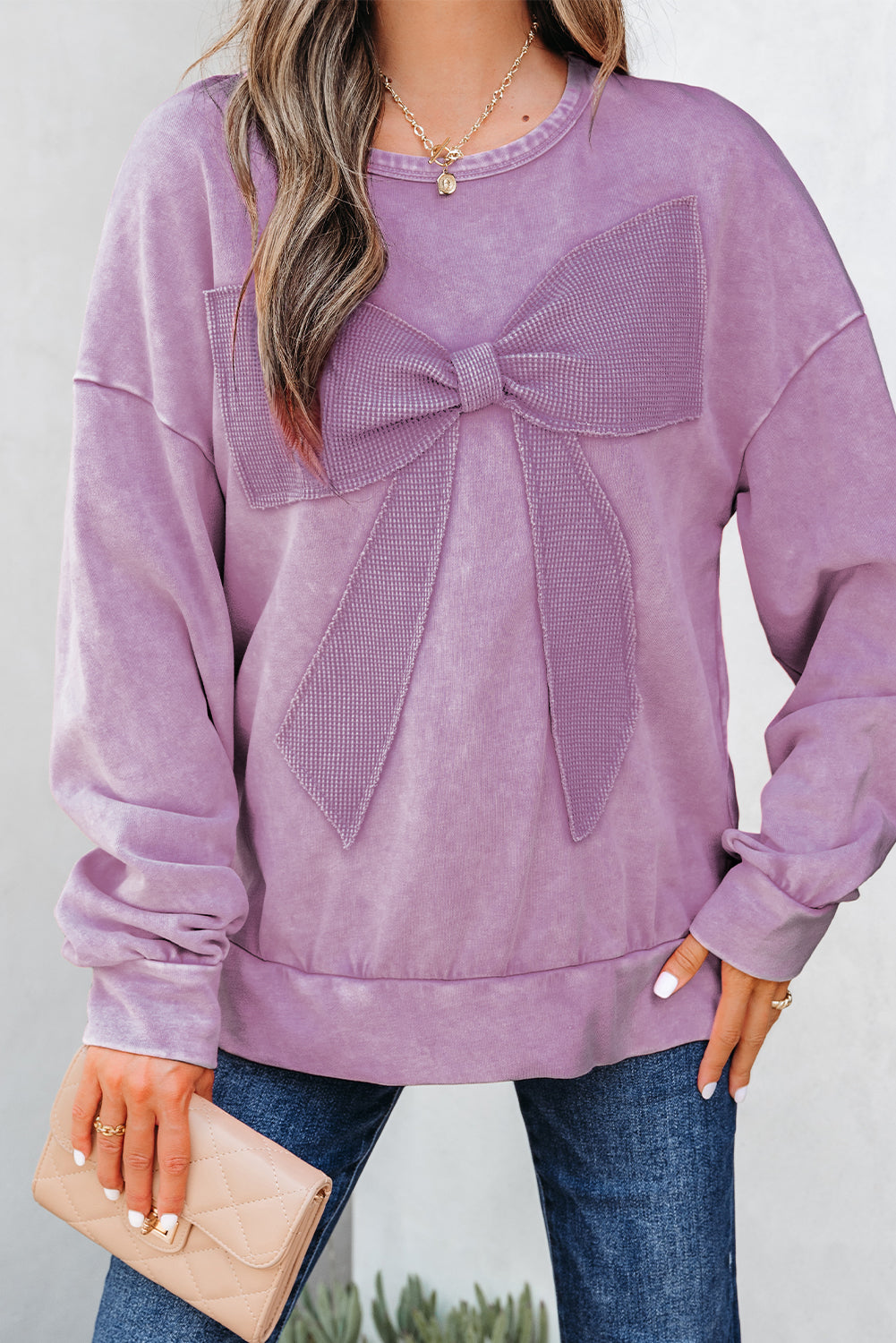 Orchid Bouquet Mineral Wash Big Bow Patchwork Pullover Sweatshirt