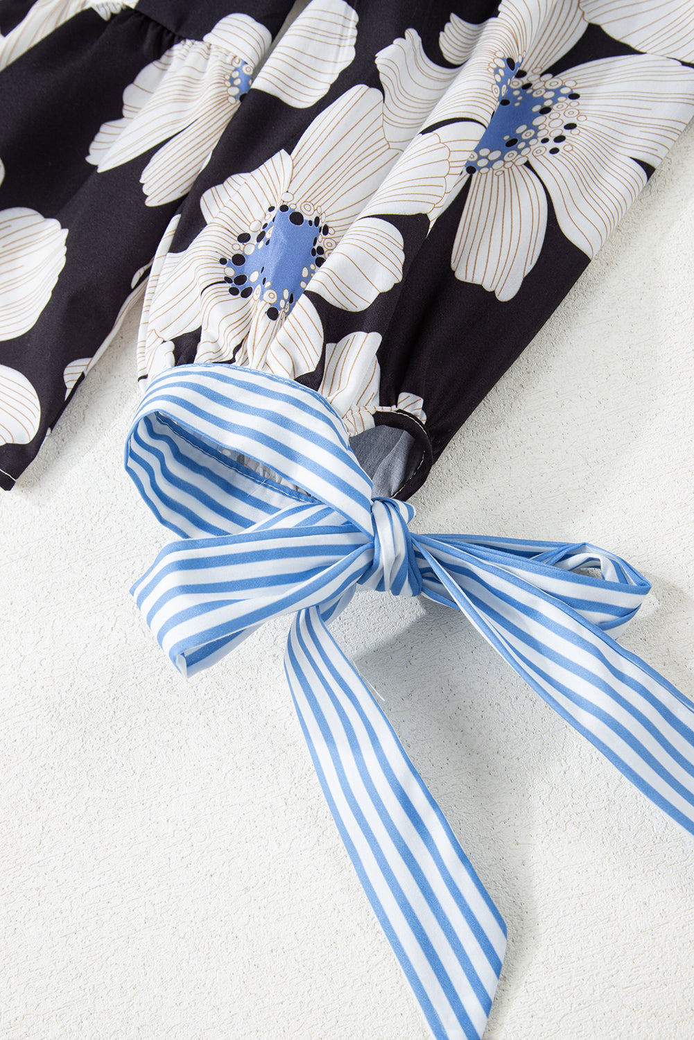 Black Floral Print Striped Tie Sleeve Collared V Neck Blouse