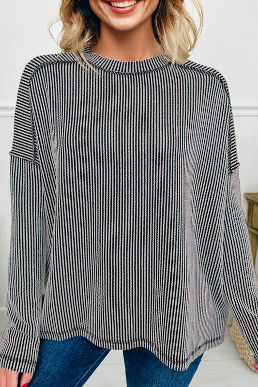 Black Twist Ribbed Exposed Seam Detail Long Sleeve Loose Top