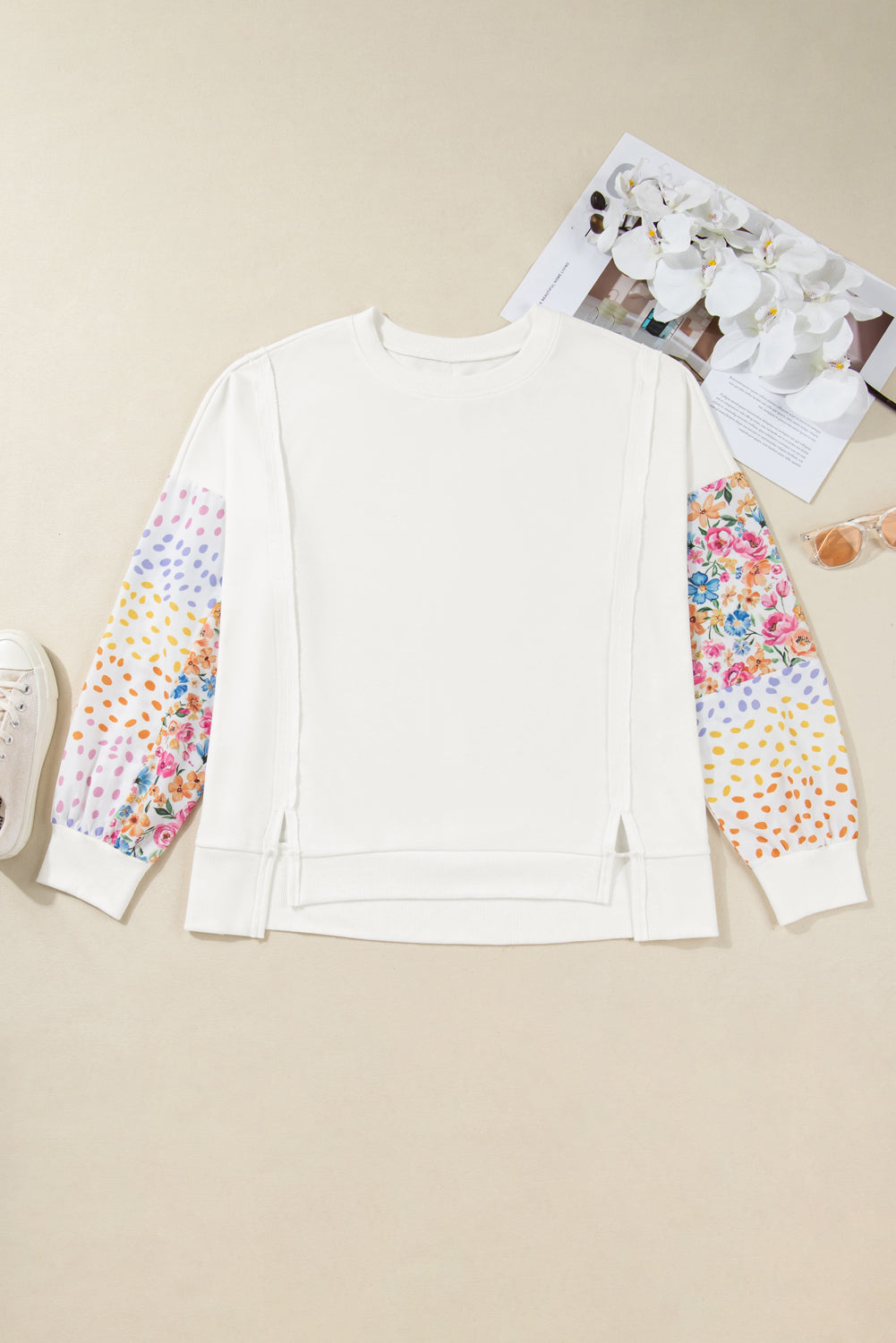 White Plus Size Exposed Seam Detail Contrast Dot Floral Patchwork Sleeve Sweatshirt