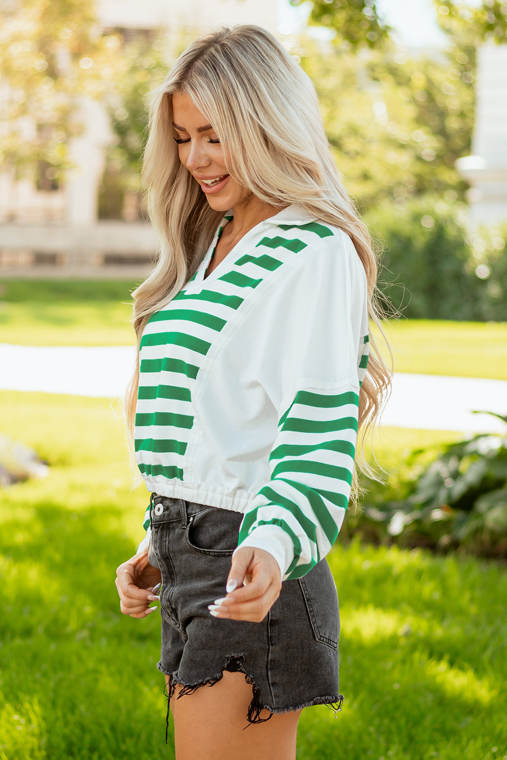 Green Stripe Colorblock Collared V Neck Cropped Knit Pullover