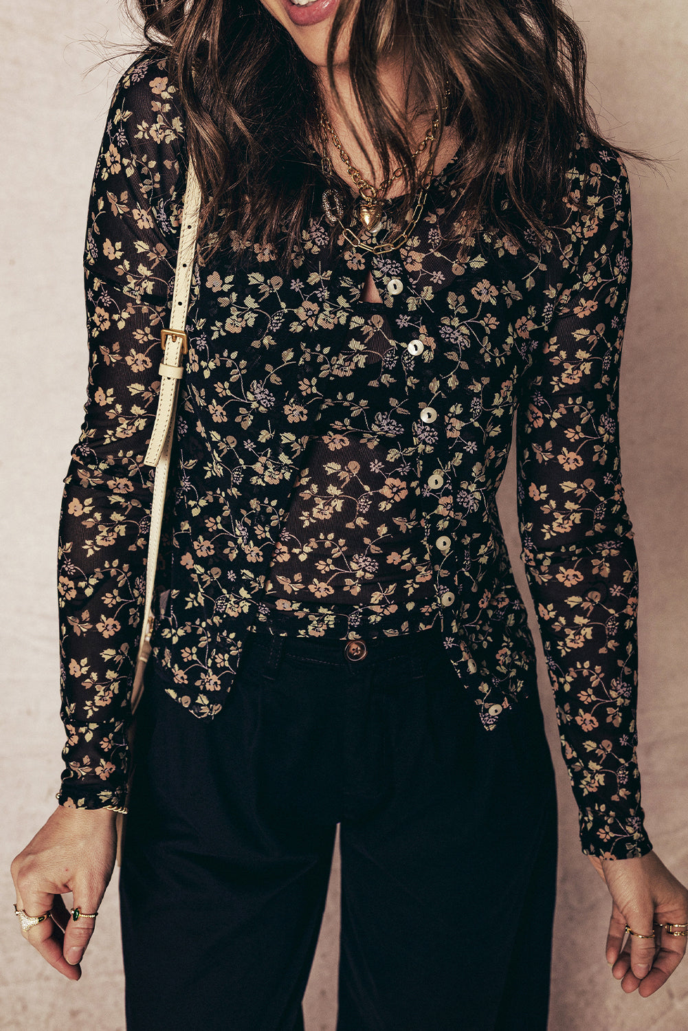 Black Floral Print Mesh Tank Button Front Slim Cardigan 2pcs Set