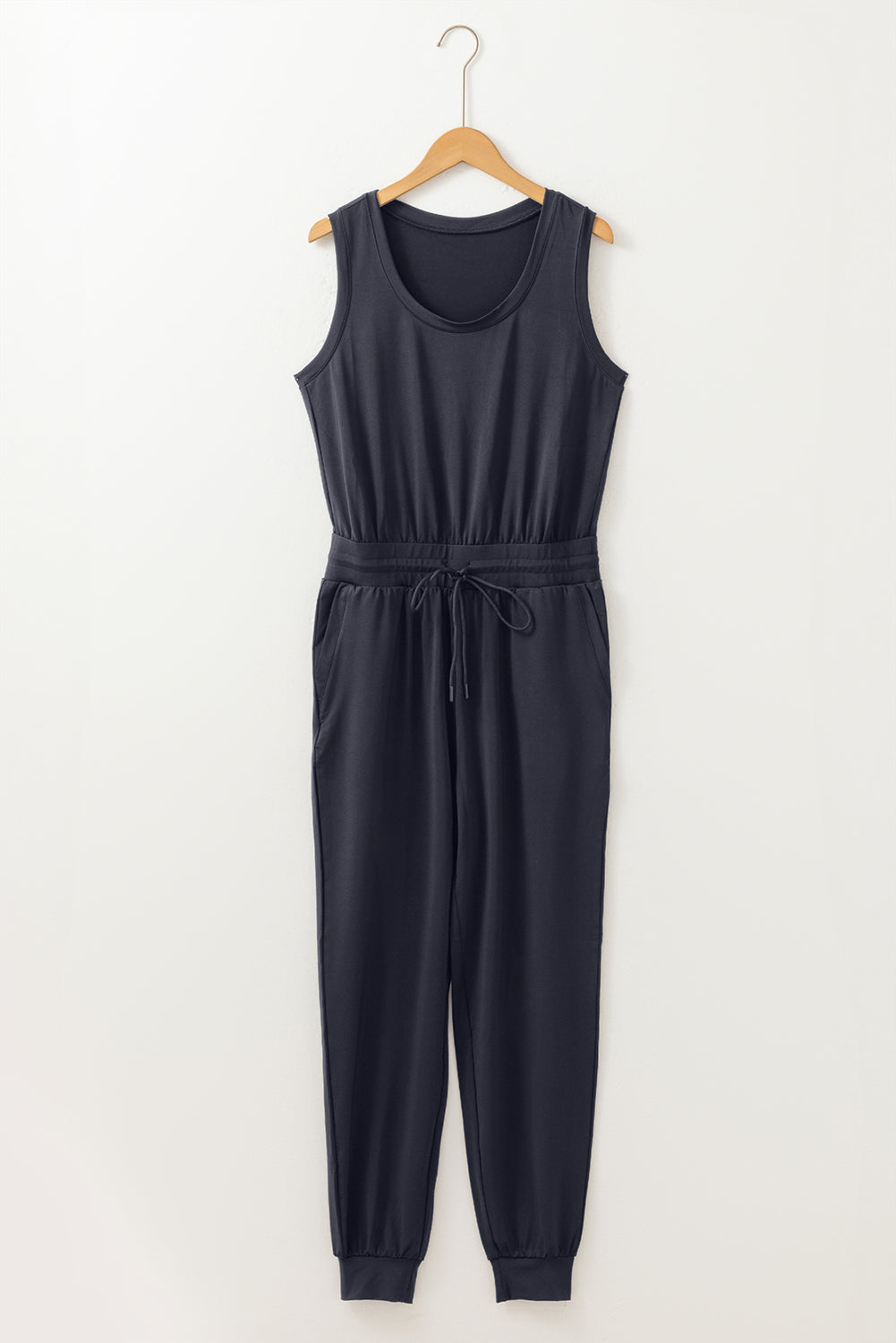 Black Casual Tank Style Tie Waist Pocketed Jogger Jumpsuit