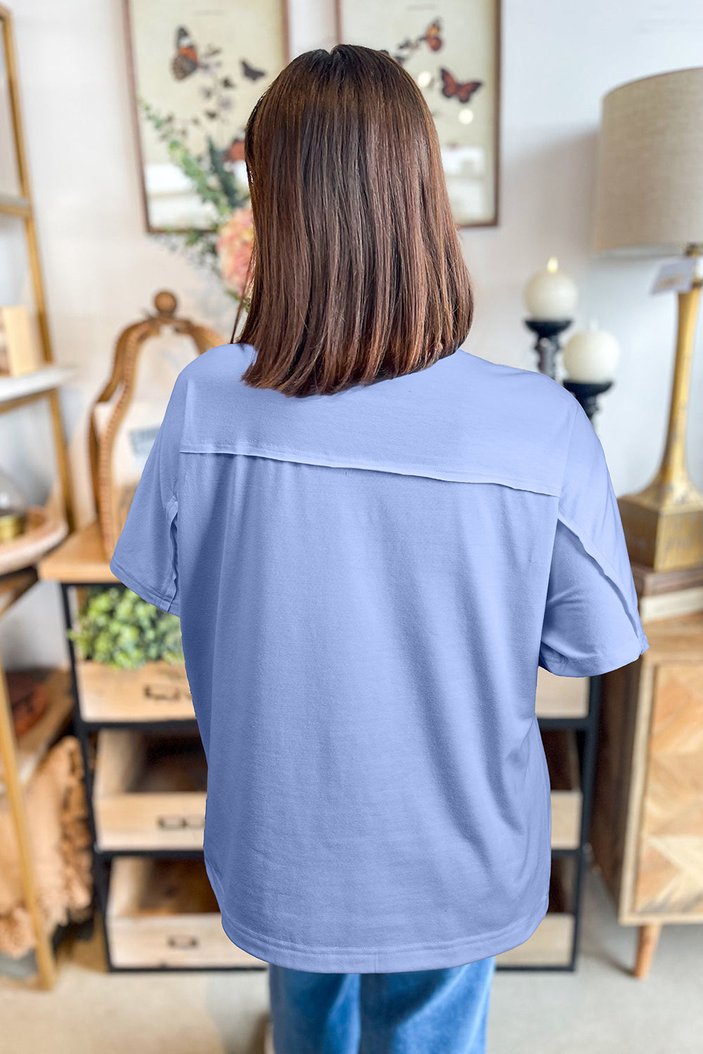 Sky Blue Flower Patched Exposed Stitching Trim Crew Neck Loose Tee