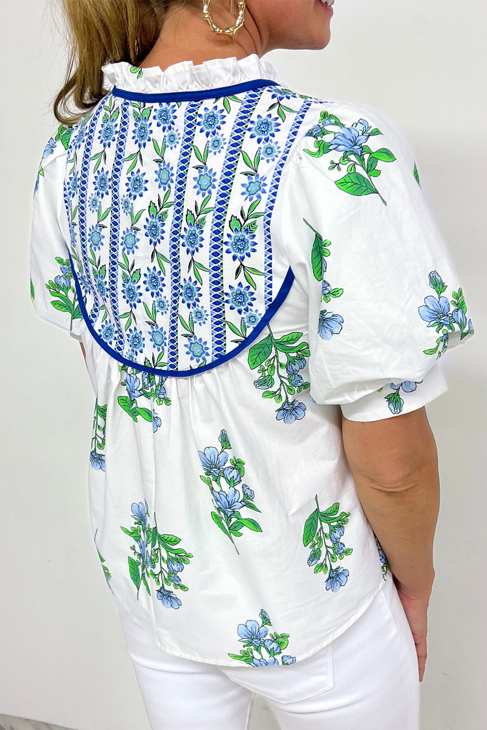 Beige Floral Print Piping Trim Tie Neck Short Sleeve Blouse