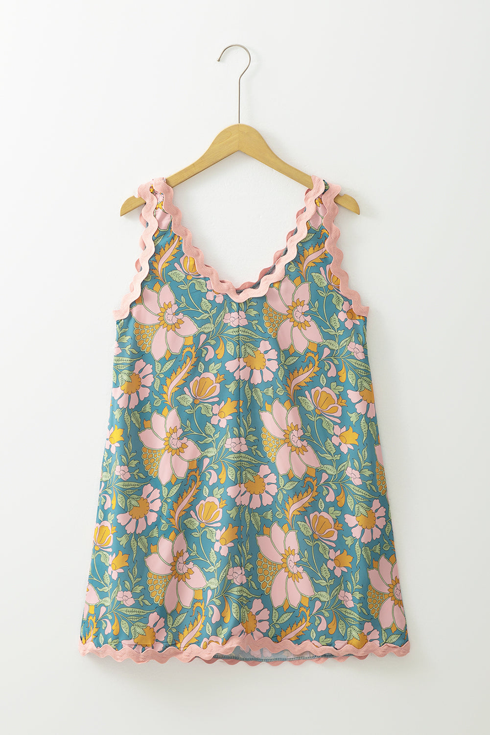 Sky Blue Floral Ricrac Trim V Neck Shift Mini Tank Dress