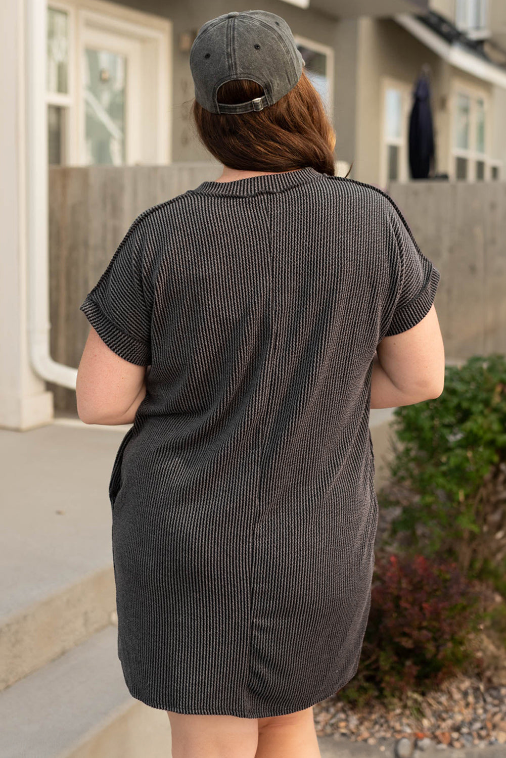 Carbon Grey Corded V Neck Plus Size T Shirt Dress with Pockets