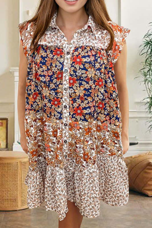 Beige Plus Size Floral Patchwork Button Front Collared Mini Dress