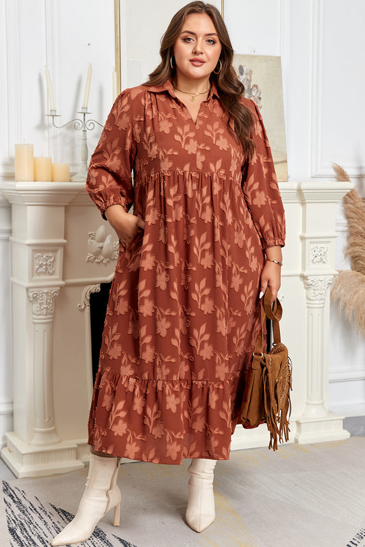Cinnamon Plus Size Textured 3D Flower Pattern Ruffle Hem 3/4 Sleeve Long Dress