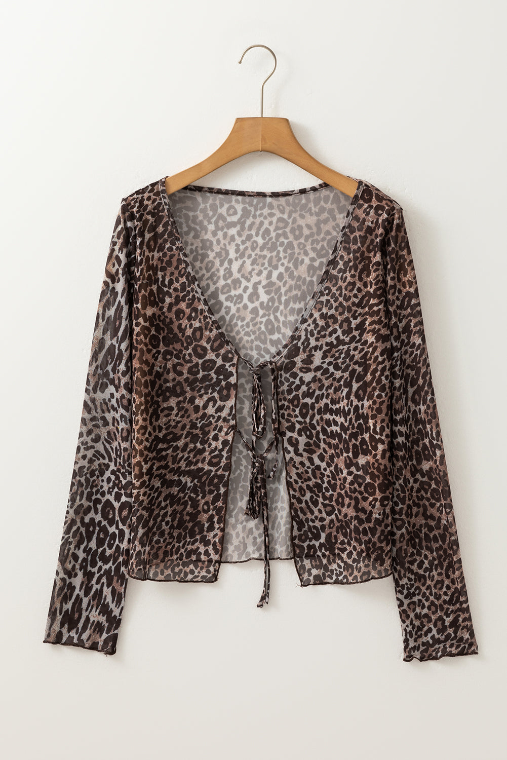 Multicolour Leopard Sheer Mesh Long Sleeve V Neck Lace-up Blouse