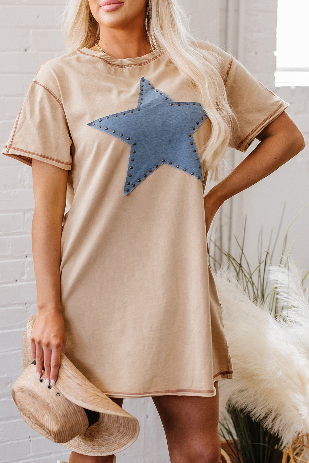 Pale Khaki Mineral Wash Stud Beaded Star Graphic Pocketed T Shirt Dress