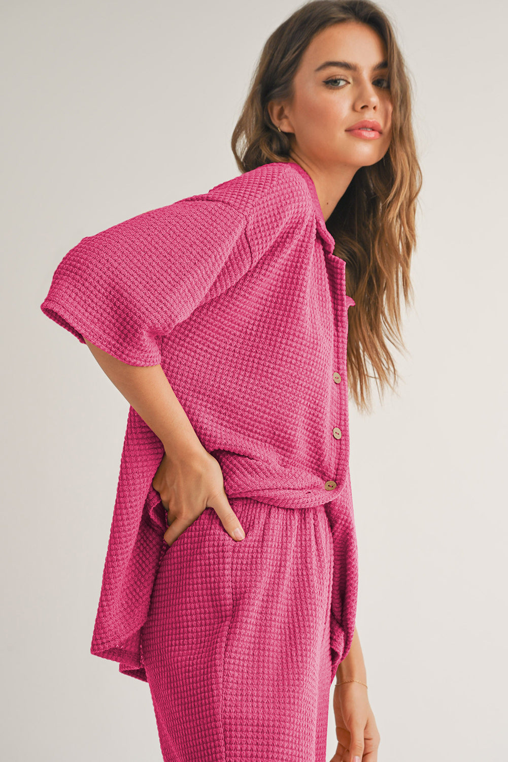 Black Solid Color Textured Buttoned Shirt and Casual Pants Set