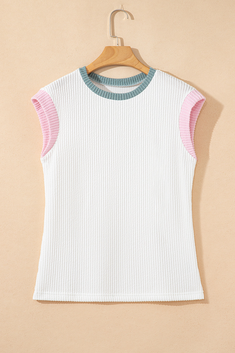 White Color Block Corded Knit Crew Neck Tee
