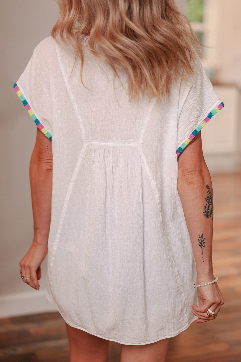 White Colorful Fringed Detail Tassel Tie Neck Short Sleeve Blouse