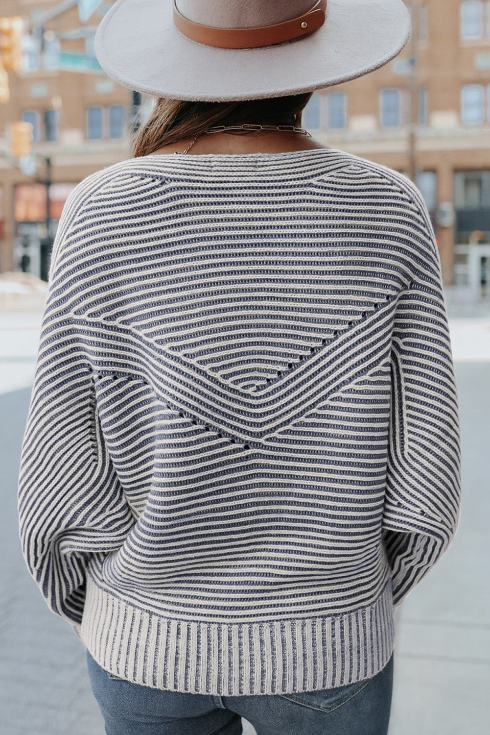 Ashleigh Blue Striped Print Ribbed Knit Boat Neck Baggy Sweater