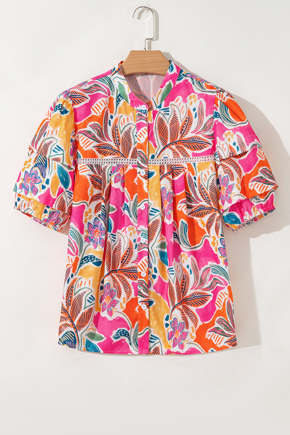 Rose Tropical Vacation Vibe Printed Button Up Short Sleeve Shirt