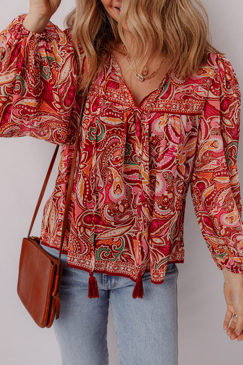 Multicolour Ethnic Paisley Print Tassel Tie Puff Sleeve Boho Blouse