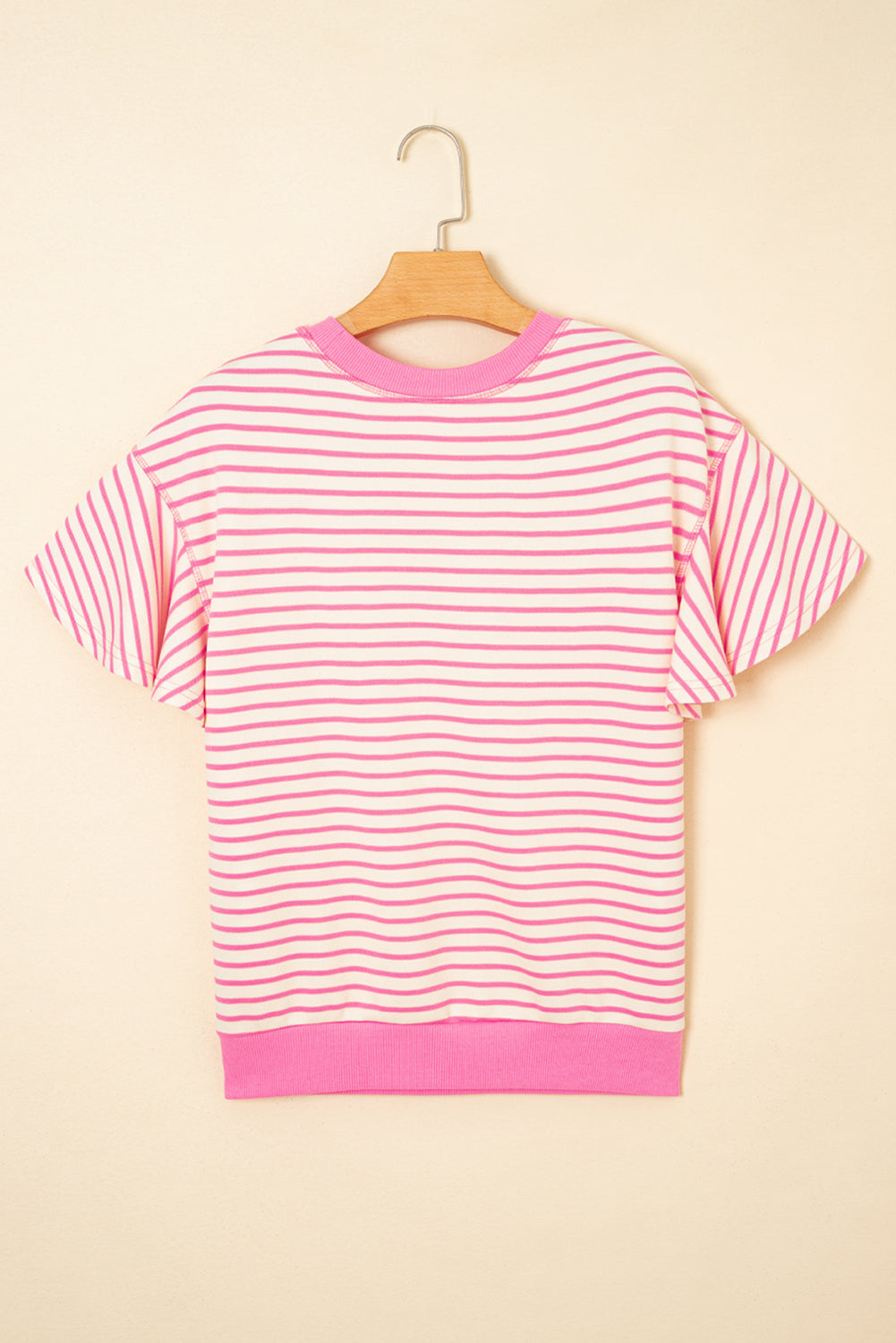 Sachet Pink Contrast Detail Striped Ruffle Short Sleeve Top
