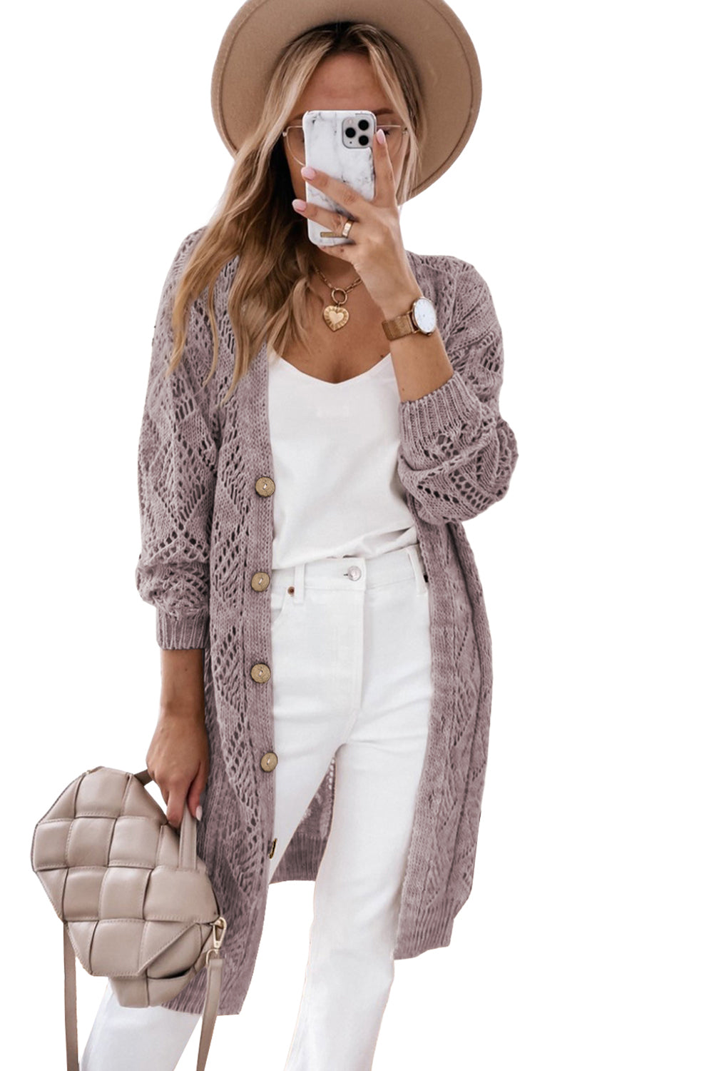 Purple Hollow-out Openwork Knit Cardigan