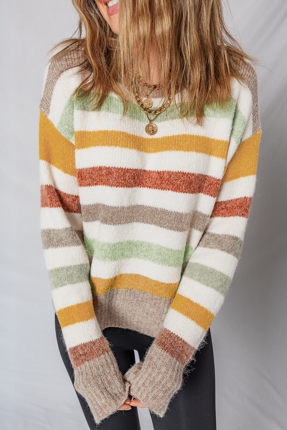 Multicolour Stripe Drop Shoulder Crew Neck Sweater
