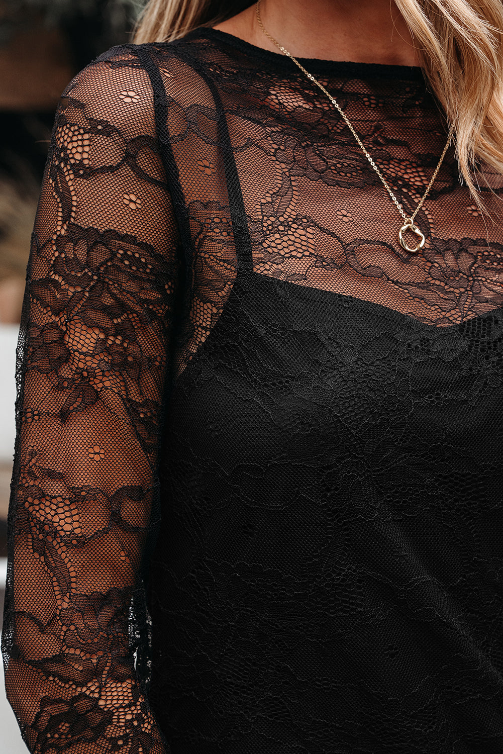 Black Lace Crochet Mesh Patched Slim Fit Long Sleeve Top