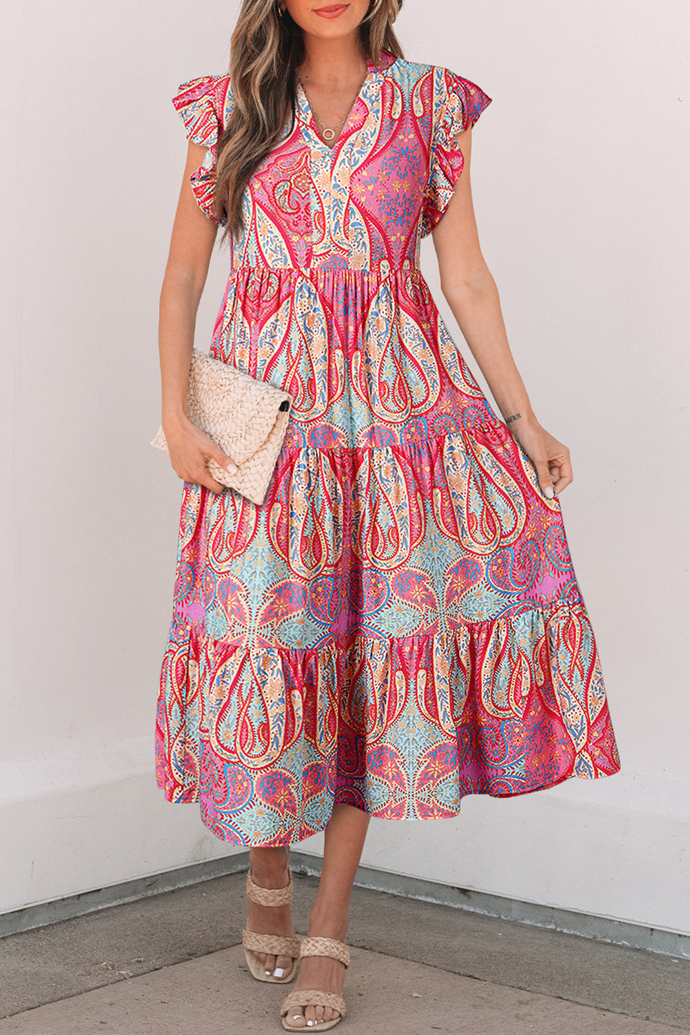 Rose Tribal Paisley Print Ruffled Sleeve Notch Neck Midi Dress