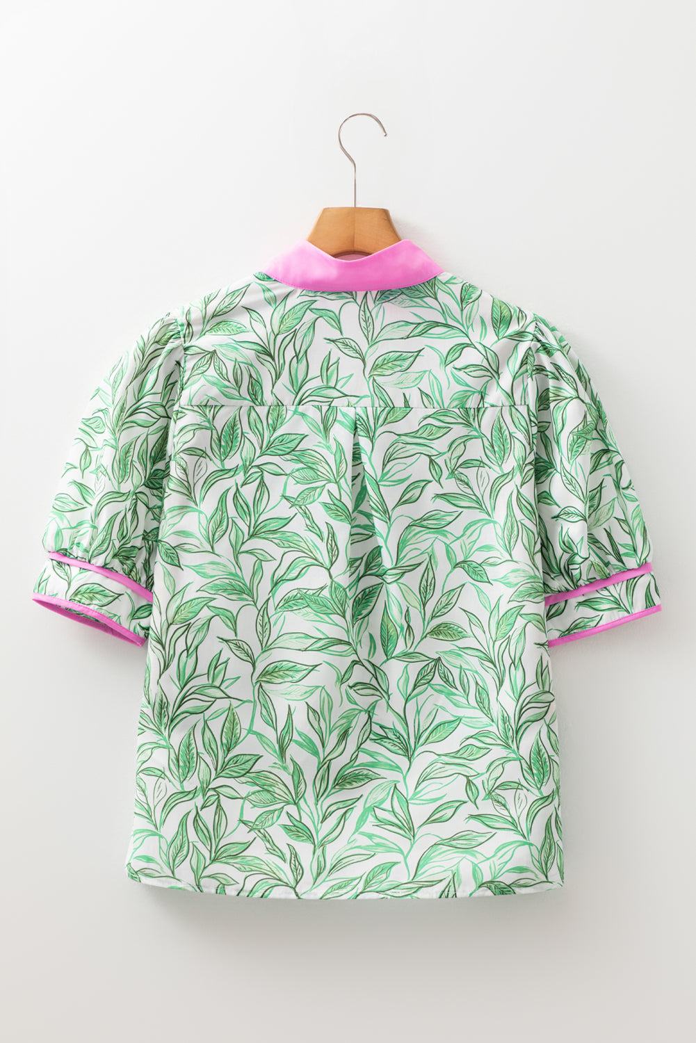 Green Leaves Pattern Color Block V Neck Puff Sleeve Blouse