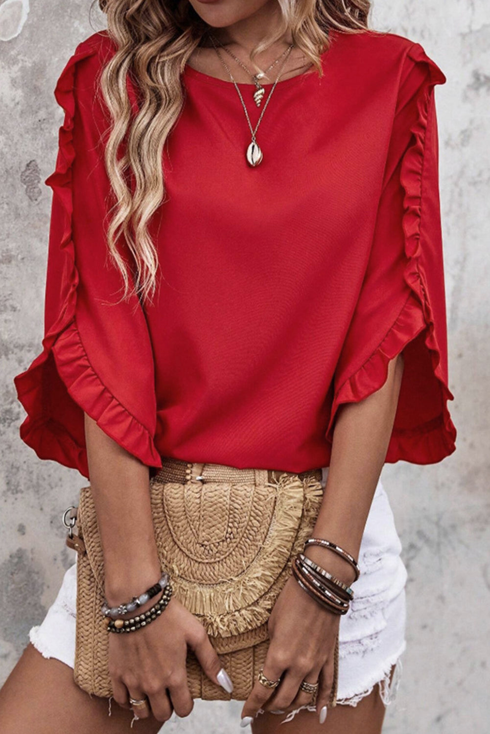 Fiery Red Ruffle Trimmed 3/4 Sleeve Round Neck Blouse