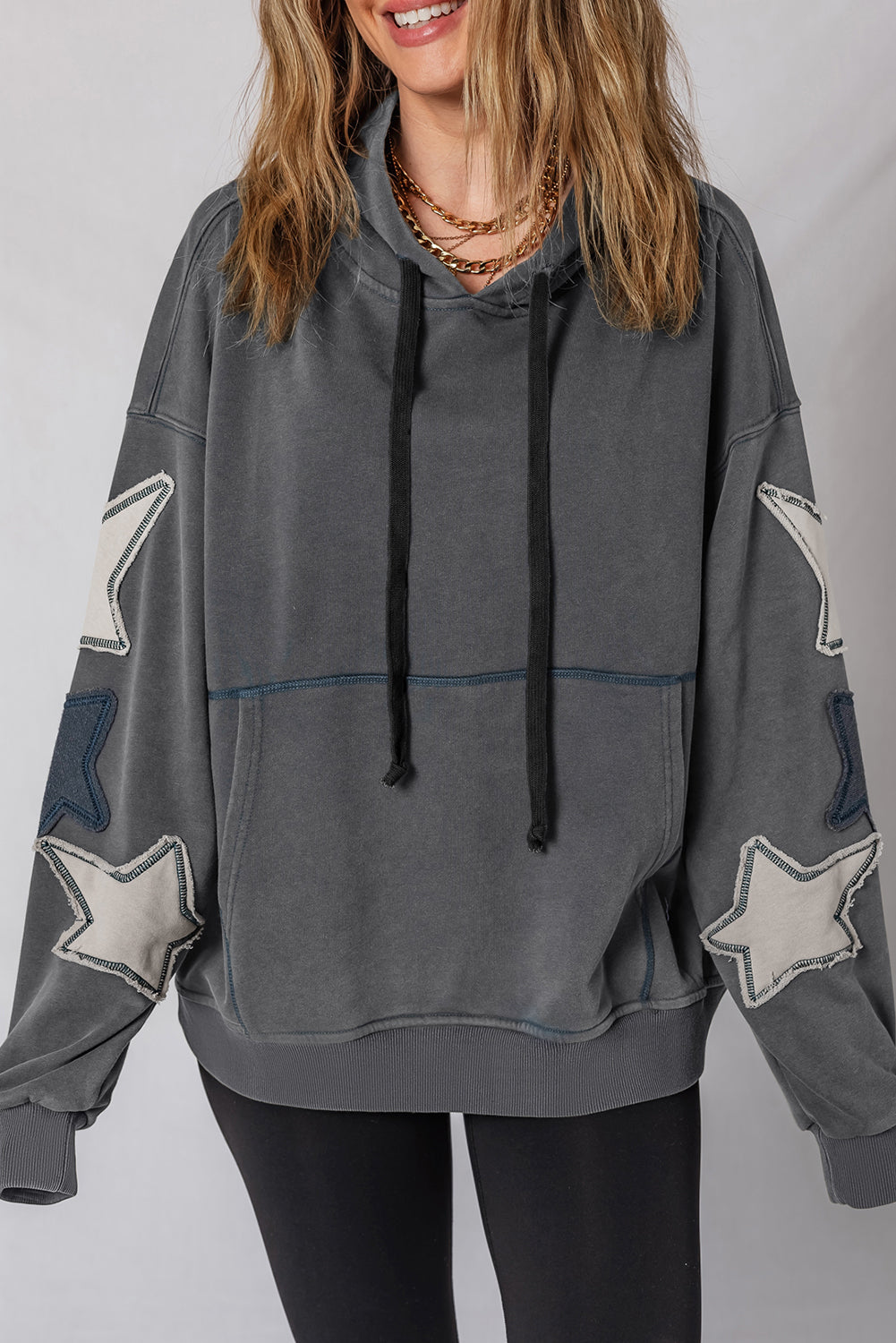 Carbon Grey Star Patchwork Contrast Stitching Mineral Wash Kangaroo Pocket Vintage Hoodie