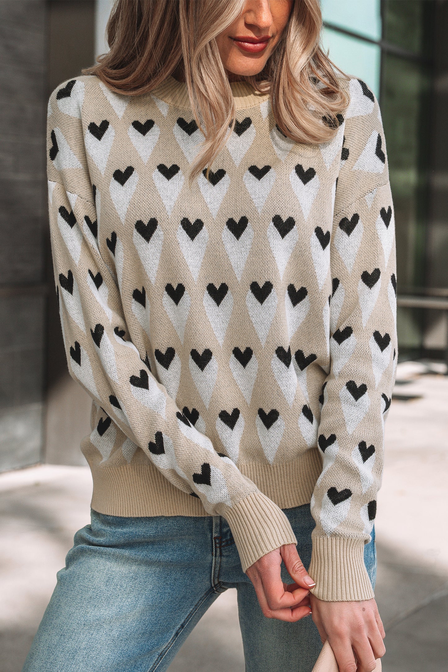 Parchment Geometric Heart Print Ribbed Trim Loose Sweater