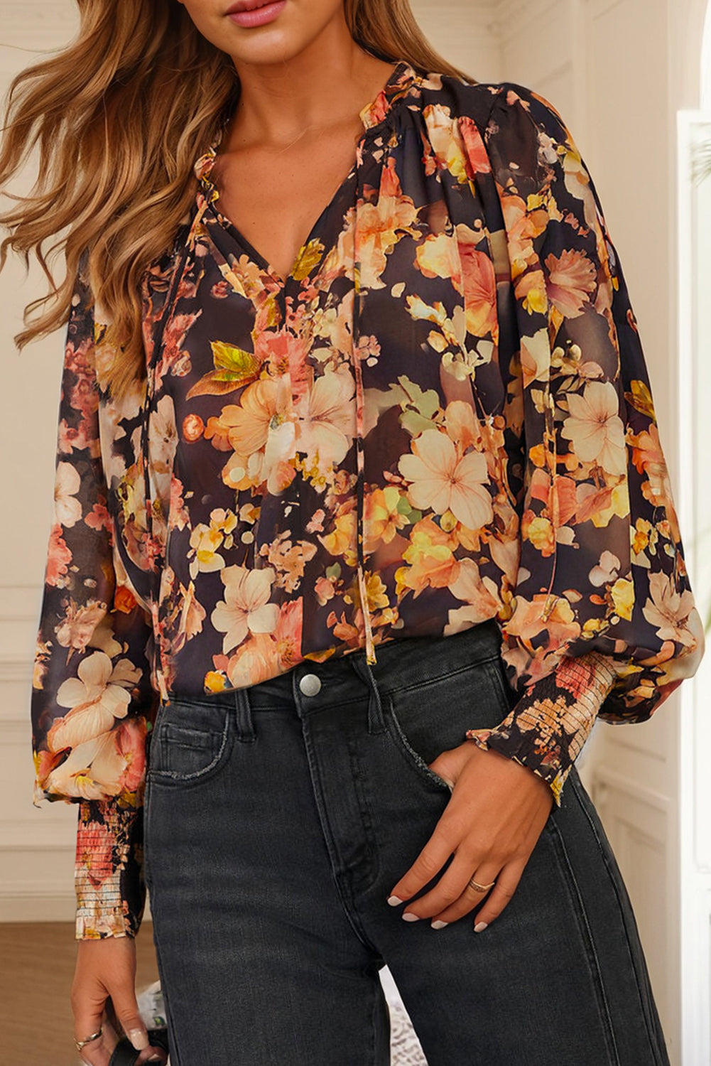 Black Floral V Neck Long Puff Sleeve Breezy Blouse