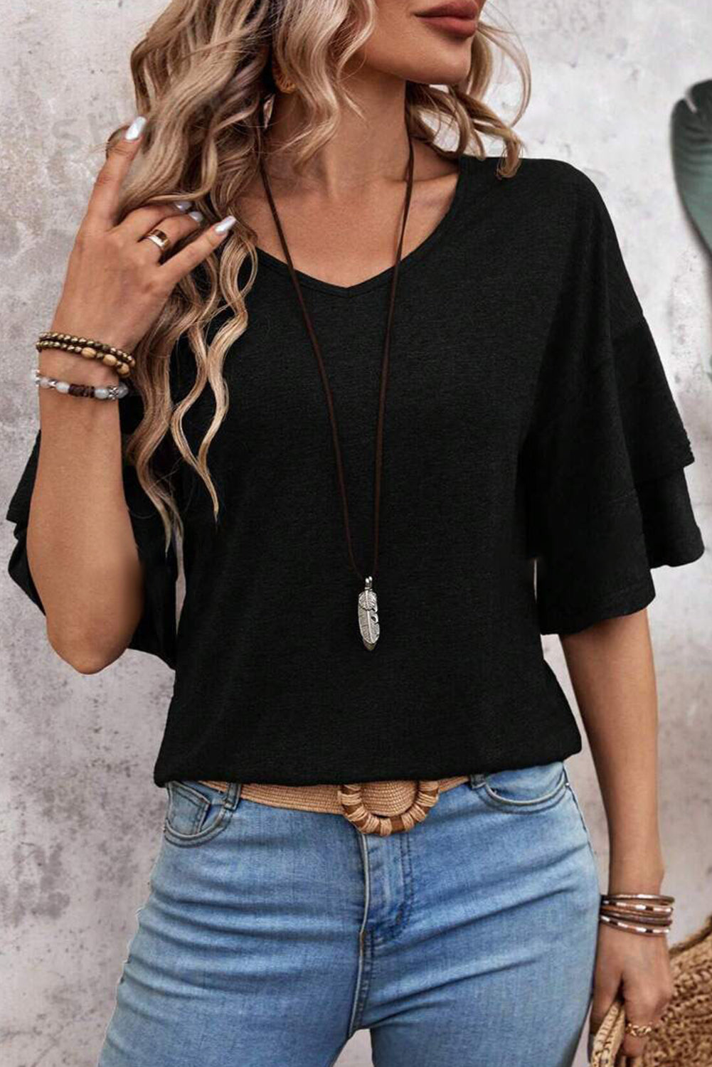 Black Solid Colour V-Neck Double Layer Sleeve Loose T-Shirt