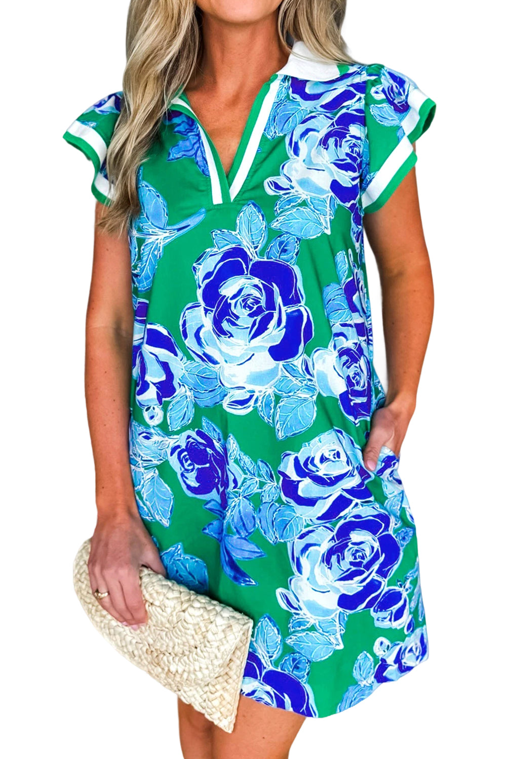 Bright Green Contrast Floral Print Collared V Neckline Ruffled Cap Sleeve Shift Dress with Pockets