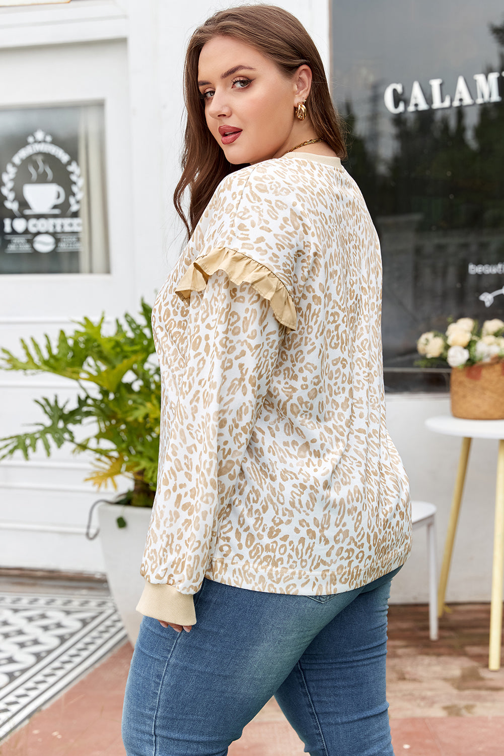 Khaki Plus Size Ruffled Arm Leopard Sweatshirt