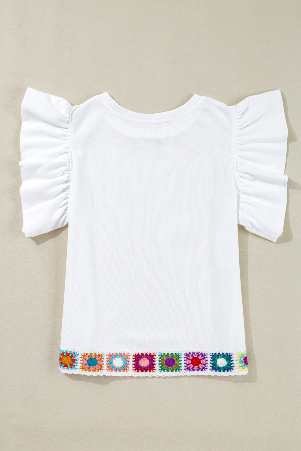 White Floral Crochet Patched Ruffled Sleeve Crewneck Blouse
