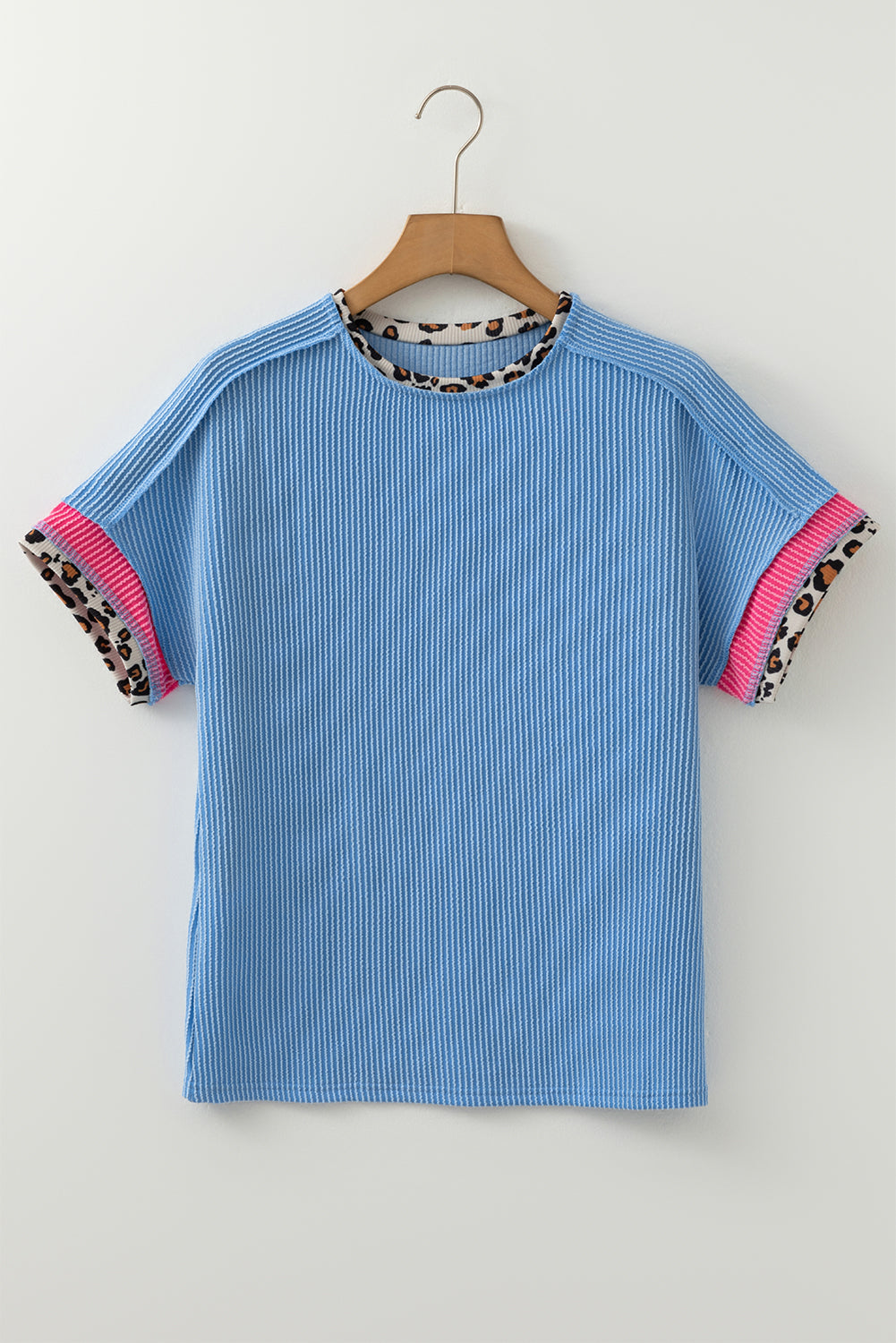 Sky Blue Leopard Patchwork Corded Knit Crew Neck T Shirt