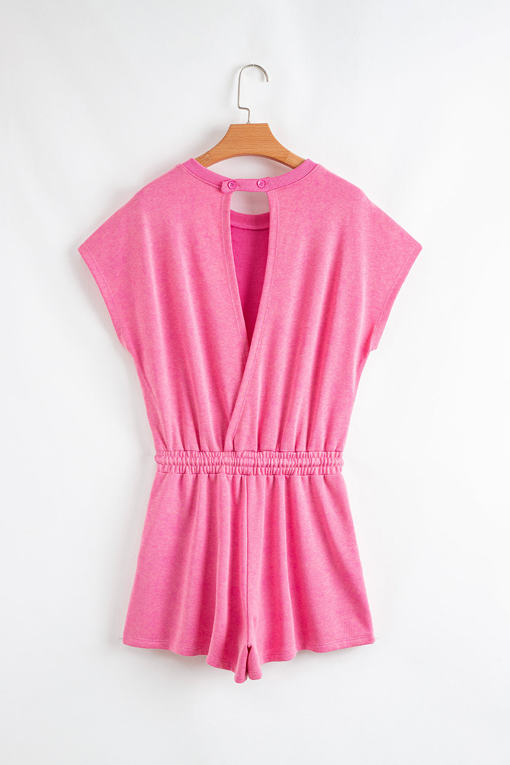 Bonbon Mineral Wash Drawstring Elastic Waistband Hollow Out Back Short Sleeve Romper