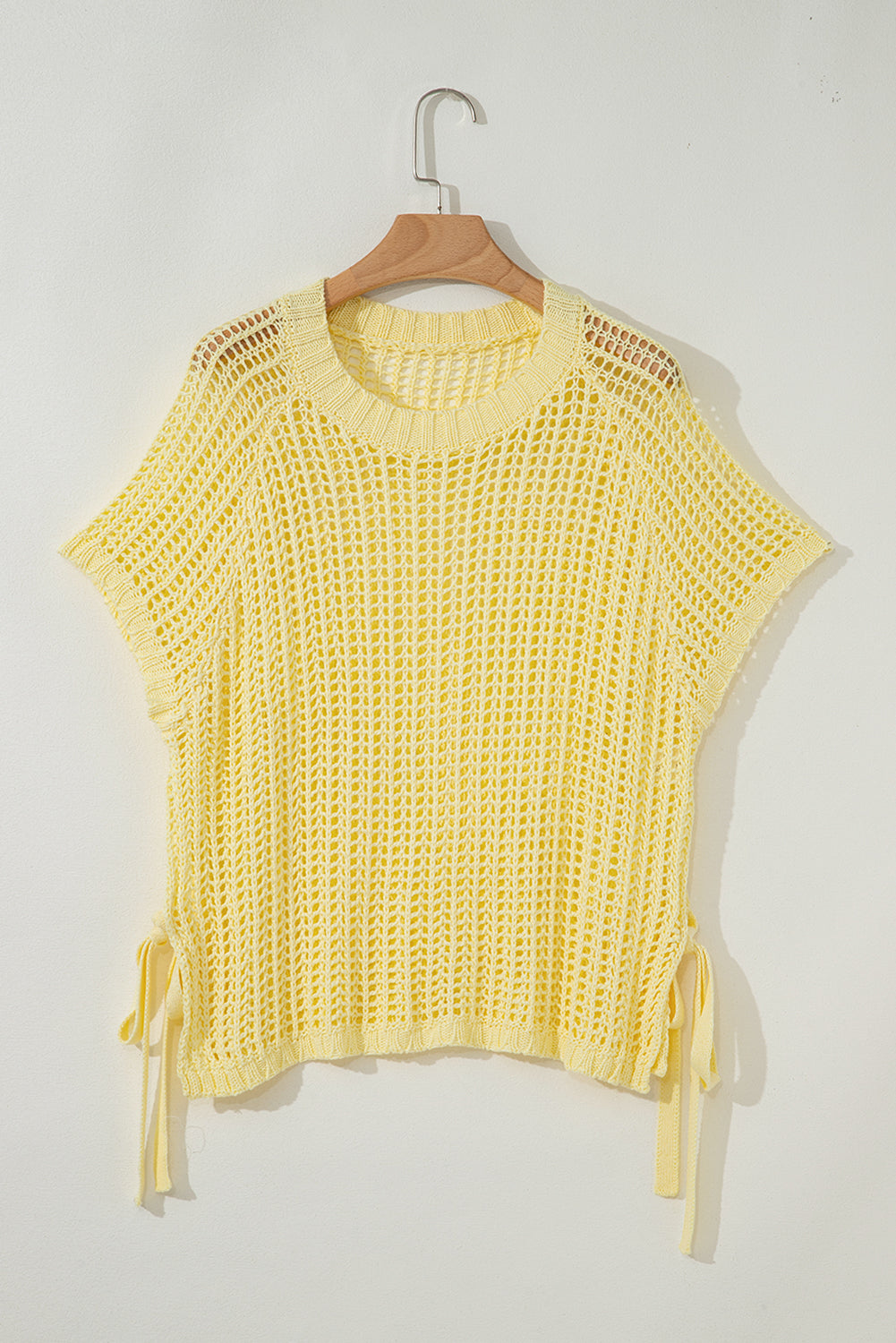 Yellow Cream Hollow-out Crochet Side Tied Short Sleeve Sweater